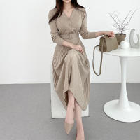 Vestido De Suéter Tejido Para Mujer Estilo Vintage A-Line Cuello V Manga Regular Botones Mid-Calf Talla Suave Otoño Invierno - details 12