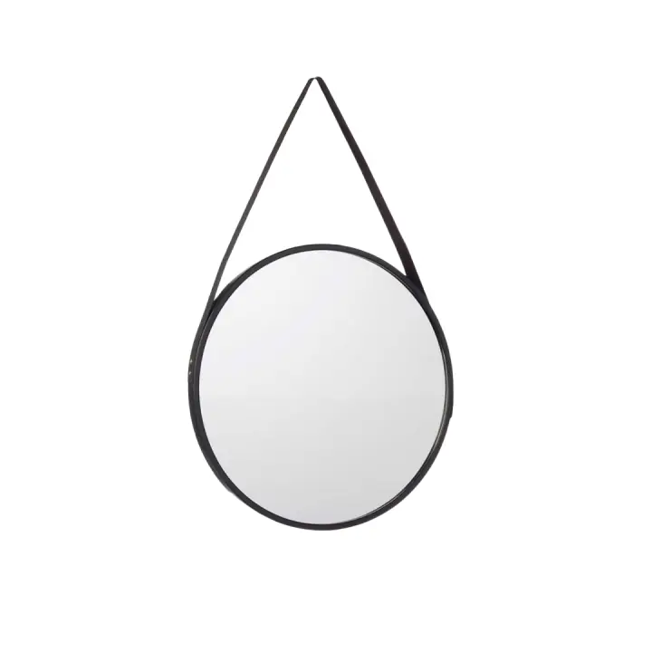 STARLEY-Espejo Redondo Asa Polipiel Negro,Espejo para colgar en la pared,Espejo Decorativo Redondo Moderno y Sencillo para apartamento, sala de estar, dormitorio 38.5cm - 1