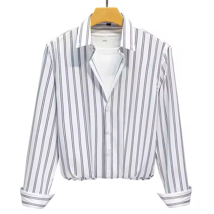 Camisa Hombre Verano 2024 Manga Larga Cuello En Pointe Estilo Slim Fit Rayada Negra Y Blanca Antideslizante No Hierro Resistente a Arrugas Para Negocios - 1