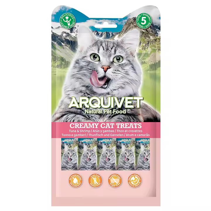 Premios para Gatos 5 unidades, Alimento liquido con Atún y Gambas Arquivet - 1