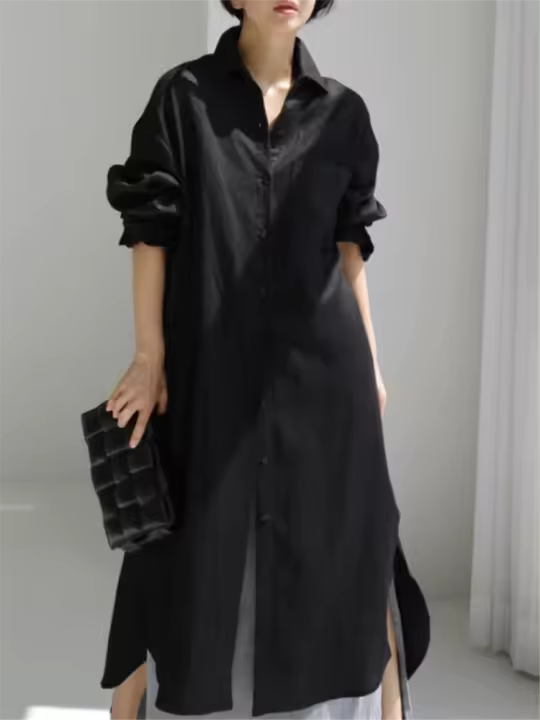 Vestido De Mujer REALEFT 2024 Algodón Lino Primavera Verano Con Bolsillo Cierre Simple Split Lateral Estilo Casual Longitud Media Pierna - 1
