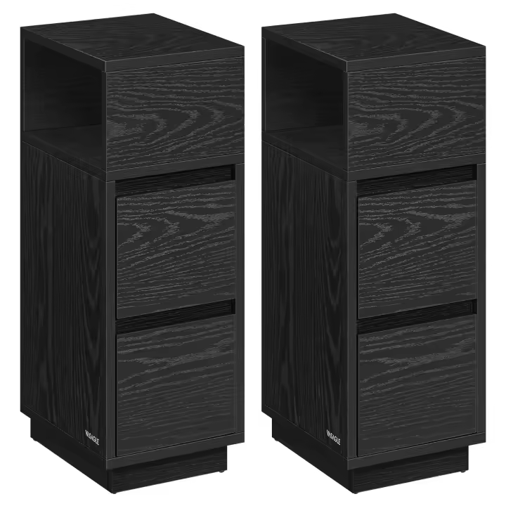 VASAGLE Juego de 2, Mesita de Noche Estrecha, Mesa Auxiliar con 2 Cajones y Compartimento Abierto, Encajable a la Izquierda o a la Derecha, Dormitorio, Salón, Negro Ébano/Beige Natural y Blanco Nube/Blanco Nube - 1