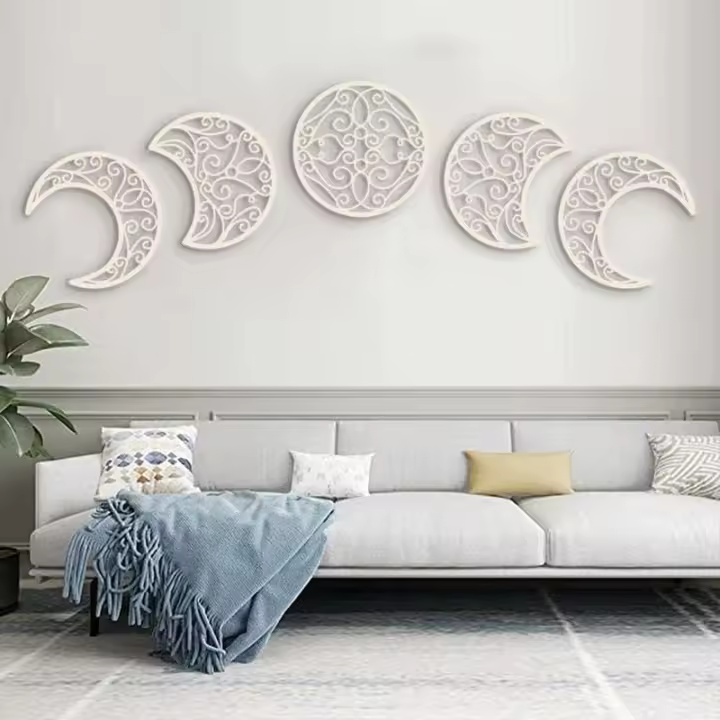 Decoración de pared con aspecto de luna, decoración de pared con aspecto de luna (5 piezas) Aspecto de luna de madera nórdica, diseño de luna interior natural, decoración de dormitorio bohemio, decoración de pared del hogar (color madera) - 1