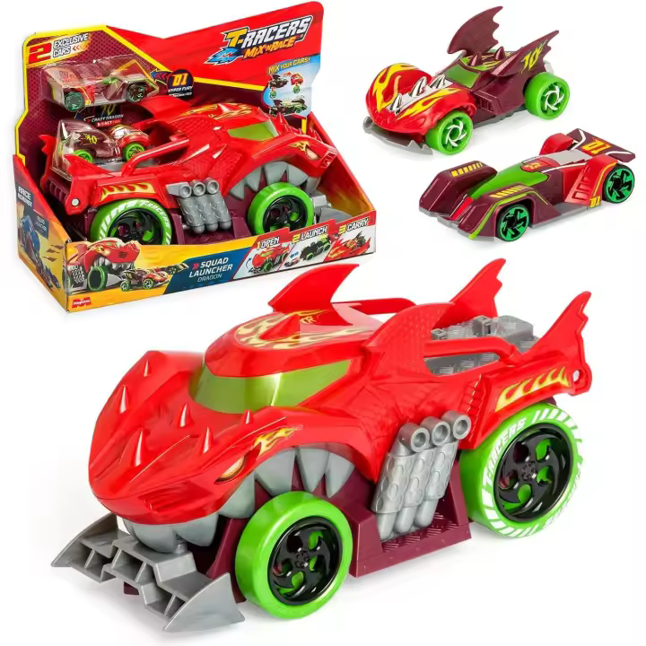 T- Racers Mix 'N Race Squad Launcher Dragon – Camión dragón Que se transforma en Lanzador. Incluye 2 vehículos exclusivos, Zona para lanzar vehículos y Zona para Transportar 2 vehículos (MagicBox PTRSP11460) - 1