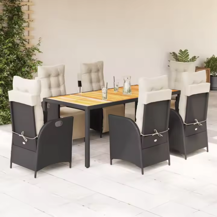 vidaXL Set de comedor de jardín 7 pzas y cojines ratán sintético negro - 1