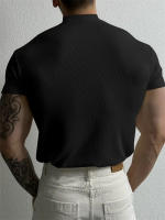 Camiseta De Hombre Elástica Y Cómoda Para Primavera Y Verano Con Cuello Alto Y Rayas Camiseta Deportiva Casual Con Mangas Cortas Para Fitness - details 4