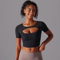 Camiseta de manga corta para Yoga, Top Sexy de Doble Capa, ropa de Malla empalmada, Sujetador Deportivo para correr y Fitness, Color sólido, Mujer - details 27