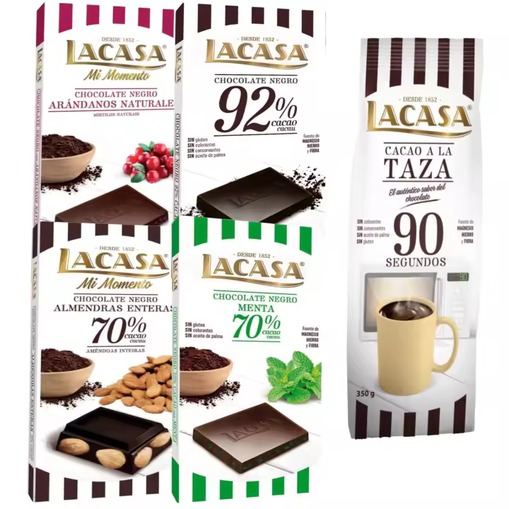 Lacasa pack de 5 tabletas de chocolate de diferentes sabores:taza 350g, arándanos , menta,cacao 92% , almendra 200g - 1