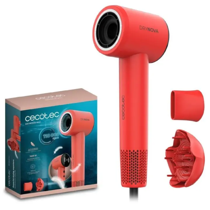 Cecotec Secador de Pelo Compacto y Ligero DryNova Red Spark. 1600W, 110000RPM, Motor Brushless, Difusor y Concentrador - 1