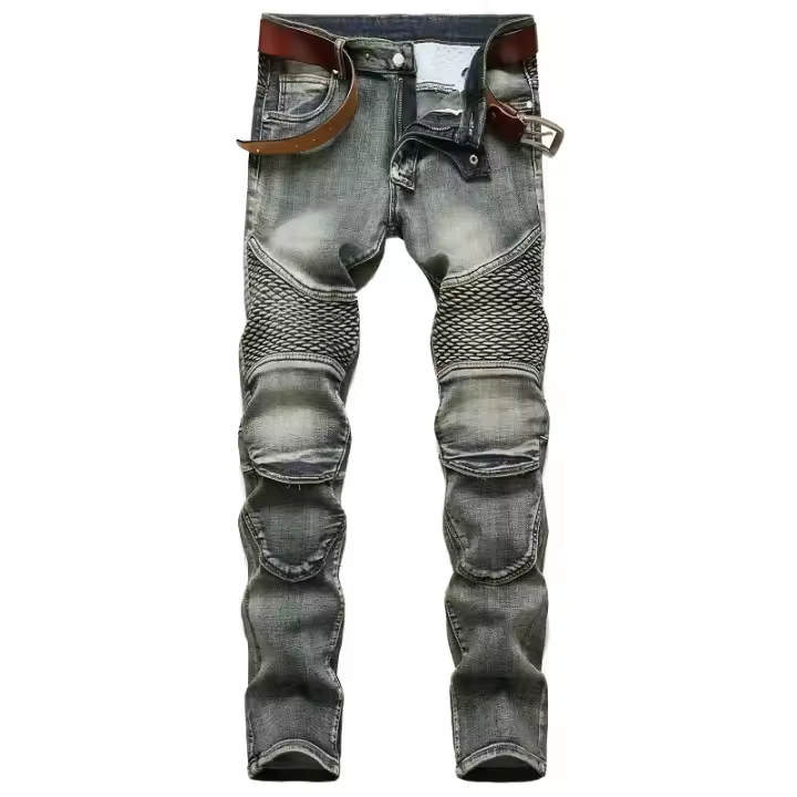 Nuevos pantalones vaqueros Vintage de retales para hombre estilo motero ajustados rectos con cierre elástico pantalones de ciclismo Denim moda urbana - 1