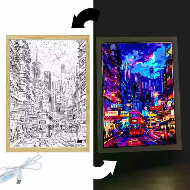 Marco De Fotos De Pintura Lumínica Hermosa Ciudad De Hong Kong Lámpara De Noche Para Decoración De Hogar Y Mesa Del Cama Regalo Para Amigos - 1