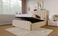 Cama tapizada Cabecero tapizado Doble with Rayas Decorativas Doradas y Carga USB Type-C 140*200 cm, material de Lino beige Cama de camping hidráulica, capacidad de carga 181 kg (sin colchón). - details 1