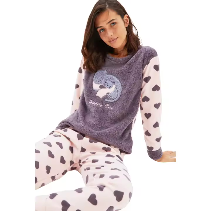 Trendyol Smoke Heart Cat Embroidered Sleep Band Polar Winter Knitted Pajama Set Thmaw21Pt0669 - 1