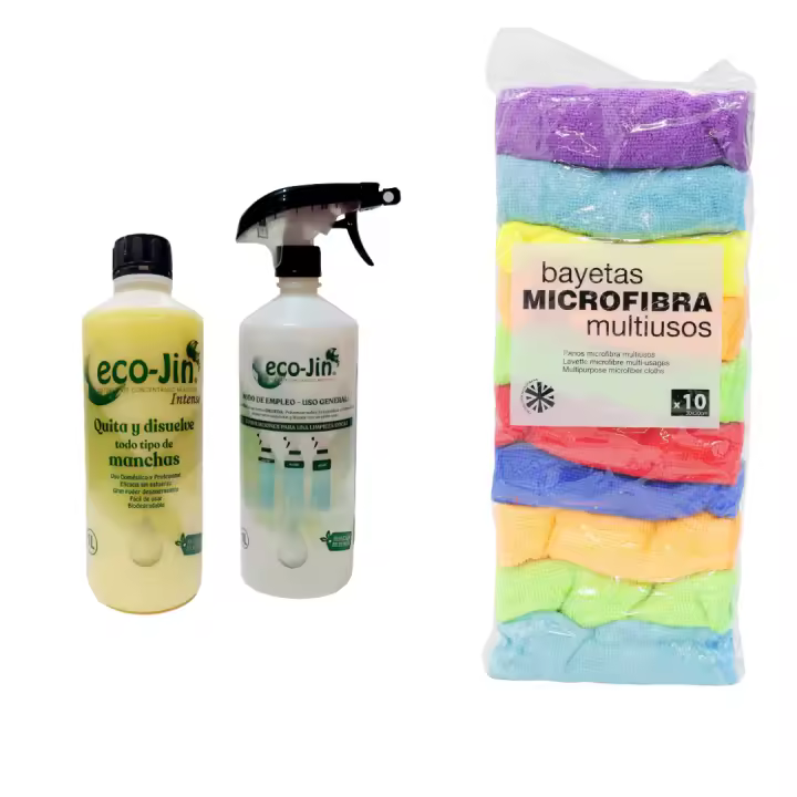 Ecojin INTENSE AMARILLO + Paquete de 10 Bayetas de Microfibra Rozenbal – Quitamanchas Multiusos para Todas las Superficies. Producto Original de Laboncler para una Limpieza Eficiente. Limpia y Brilla - 1