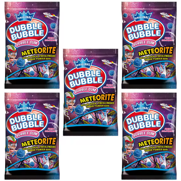 Pack 5 bolsas de 85g Dubble Bubble Meteorite Chicle hinchable pinta lenguas de color azul - 1