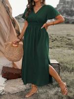 Vestido Casual De Verano Para Mujer 2024 AliExpress Con Cuello En V Manga Corta Y Abertura Midi De Poliéster Estilo Europeo Y Americano - details 13