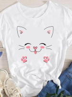 Camiseta Oversize Para Mujer Estilo Coreano Verano Manga Corta Impresión De Dibujos Animados Gato Lindo Ropa Gráfica Casual Talla True Fit - details 4