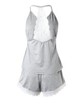 Conjunto De Pijamas De Verano Para Mujer En Encaje Crochet 2 Piezas Top Sin Mangas Y Shorts Estilo Casual V-Neck - details 12
