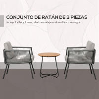 Outsunny Conjunto de Muebles de Jardín de Ratán Sintético 3 Piezas Conjunto de Mesa y 2 Sillas de Ratán con Cojines Acolchados Extraíbles para Balcón Terraza Patio Gris - details 5