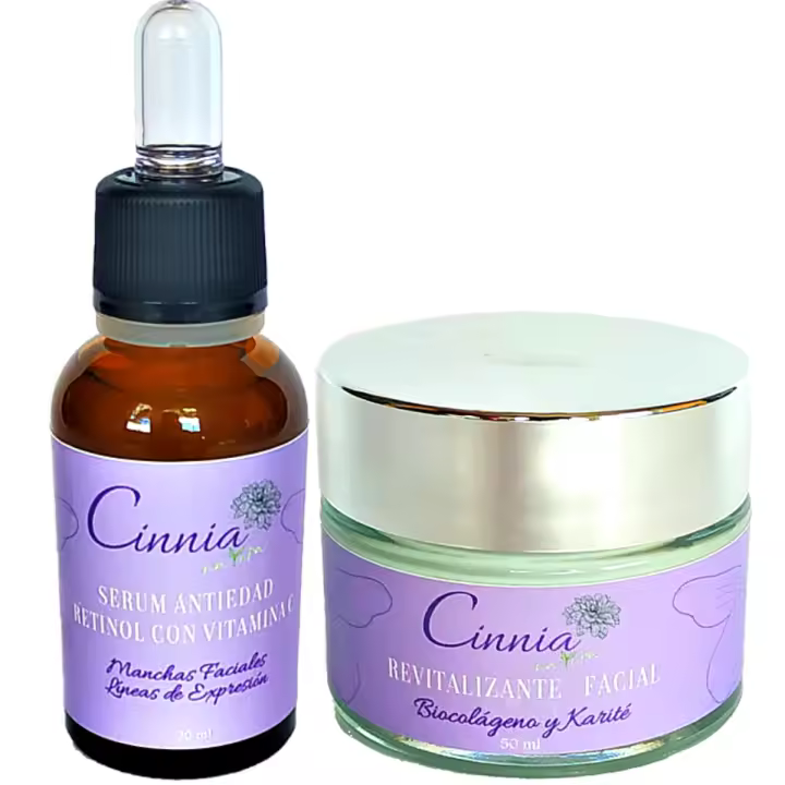 Pack Ahorro. Serum Vitamina C con Retinol + Crema Facial Hidratante y Revitalizante con Biocolágeno.  PumarShop Cinnia Natura. Manchas Faciales. Antiarrugas. Nutritiva. Sin Parabenos y para Pieles Maduras - 1