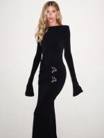 Vestido Maxi Dulzura Con Hombros Ajustados Manga Larga Y Volante Estilo Elegante Sólido Para Fiesta Y Club Polyester - details 11