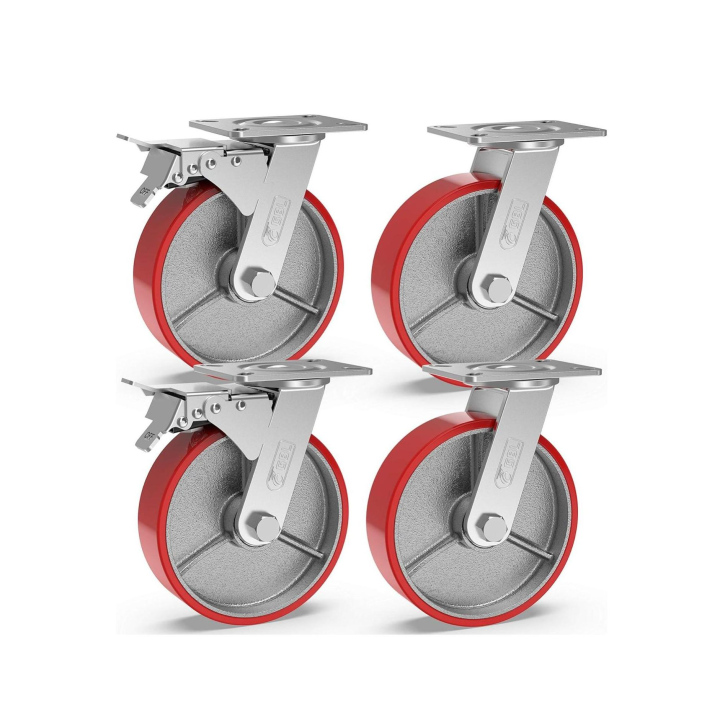 ORION91oficial® - Pack X 4 Ruedas Caucho, Alta Calidad, muebles pesados - 2x Ruedas con freno 200 mm que soportan hasta 1520 kg y 2x Ruedas sin frenos para mueble electrodomésticos - Rojas - spaziOrion91