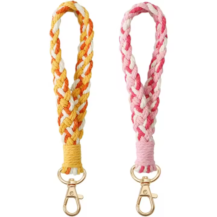 2 llaveros de macramé de tejido de margaritas, hechos a mano, cordón de muñeca, llavero de cuerda bohemia, soporte para teléfono para mujeres y niñas, Boho naranja + morado - 1