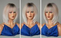 Pelucas Sintéticas NAMM Ash Ombre Bob Rubia Para Mujer Peluca Corta Recta Con Trenzas Fluffy Bangs Resistente Al Calor Uso Diario Fiesta - details 5