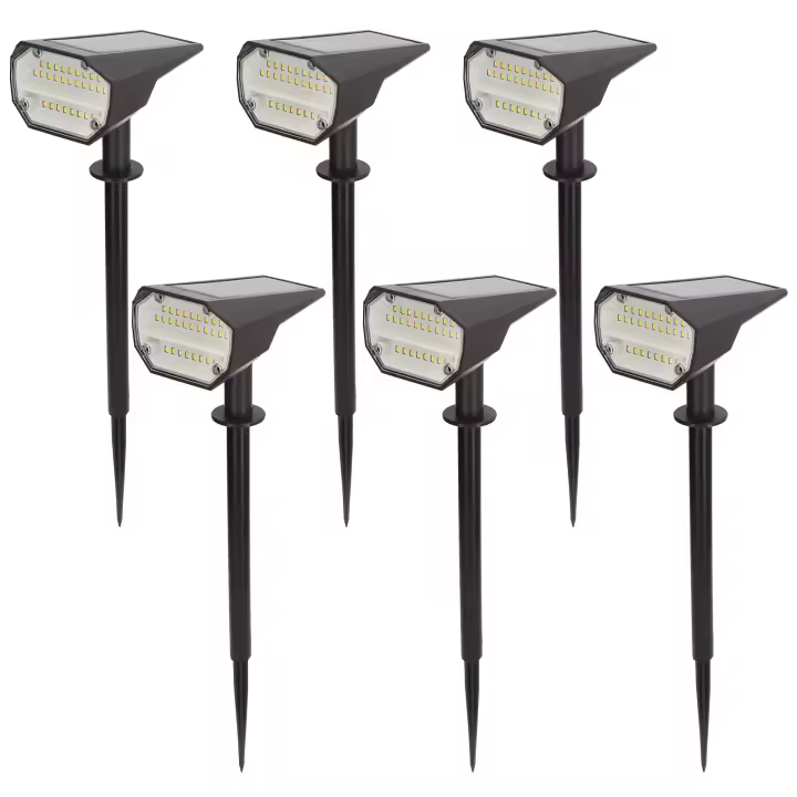 Aktive - Set de 6 balizas solares LED, luz cálida 5-10 lúmenes, 28 LEDs por unidad, autonomía hasta 8h, alcance 2m, instalación en suelo o pared, cabezal inclinable, IP24, ideal para jardín y terraza - 1