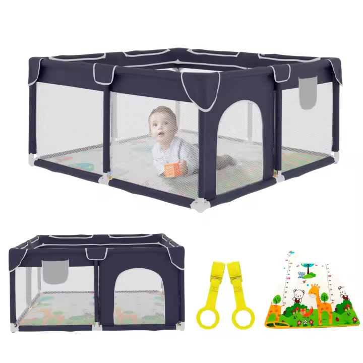 JUPPLIES Parque Infantil Bebe 120x120cm + Alfombra Bebe + 2 Agarraderas – Corralito Bebe con Malla Transpirable – Parque de Juegos Bebe Plegable con Puerta Lateral – Playpen Bebe - 1