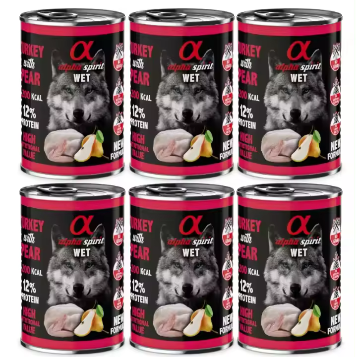 Pack 6 latas x 400 Gr - Alpha Spirit Comida Húmeda de Pavo con pera para Perros - 1