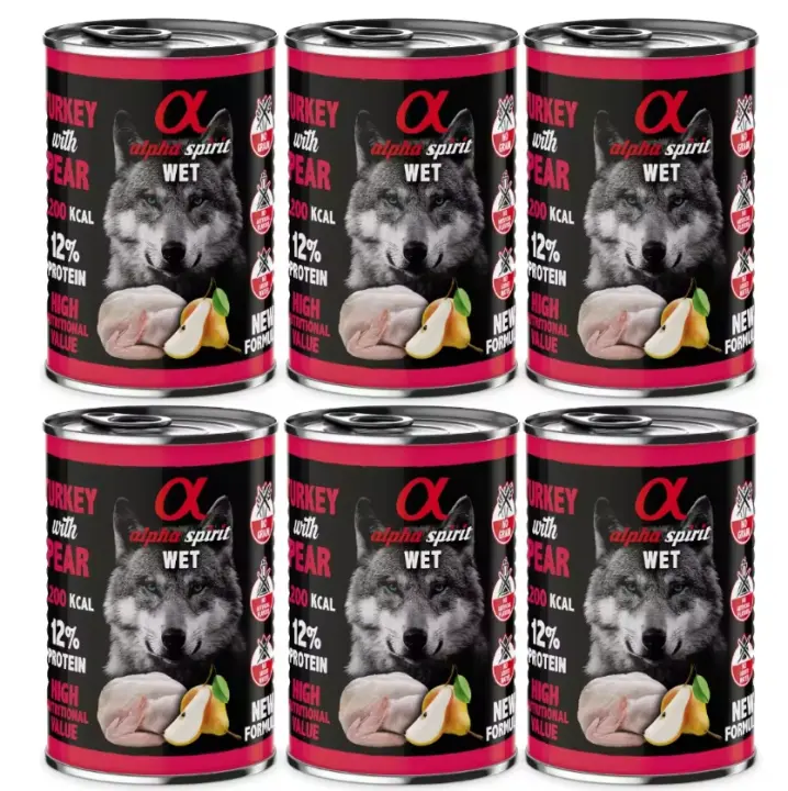 Pack 6 latas x 400 Gr - Alpha Spirit Comida Húmeda de Pavo con pera para Perros - 1