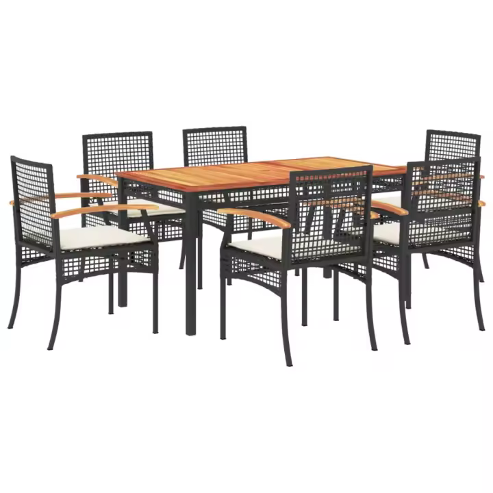 vidaXL Set de comedor de jardín 7 pzas y cojines ratán sintético negro - 1