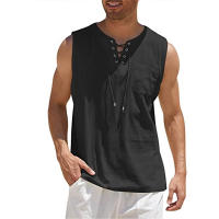 Camiseta Ligera De Verano Para Hombres Top Transpirable Estilo Casual Color Sólido Sin Mangas Con Cierre De Encaje Ropa - details 5