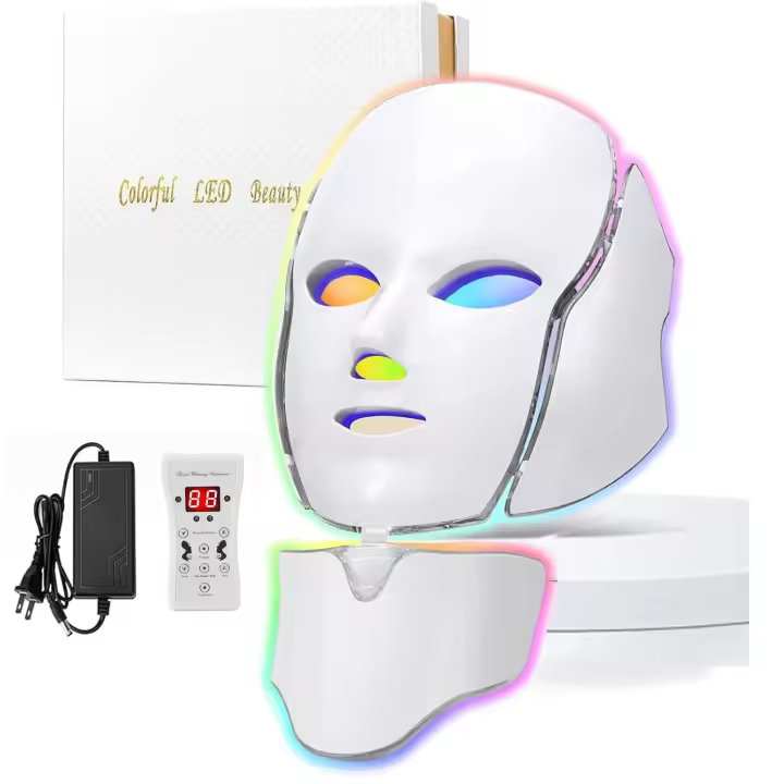 Mascarilla facial con luz azul y roja, 7 colores LED, portátil, para el cuidado de la piel facial y el cuello. - 1