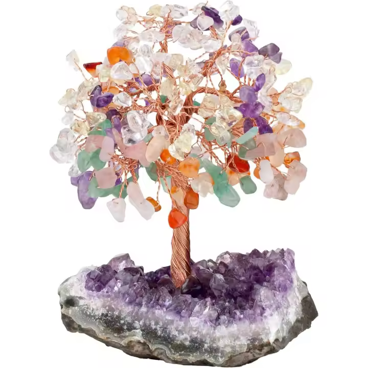 Árbol de Cristal Natural de Cuarzo Rosa y Amatista - Decoración Feng Shui Hecha a Mano - 1