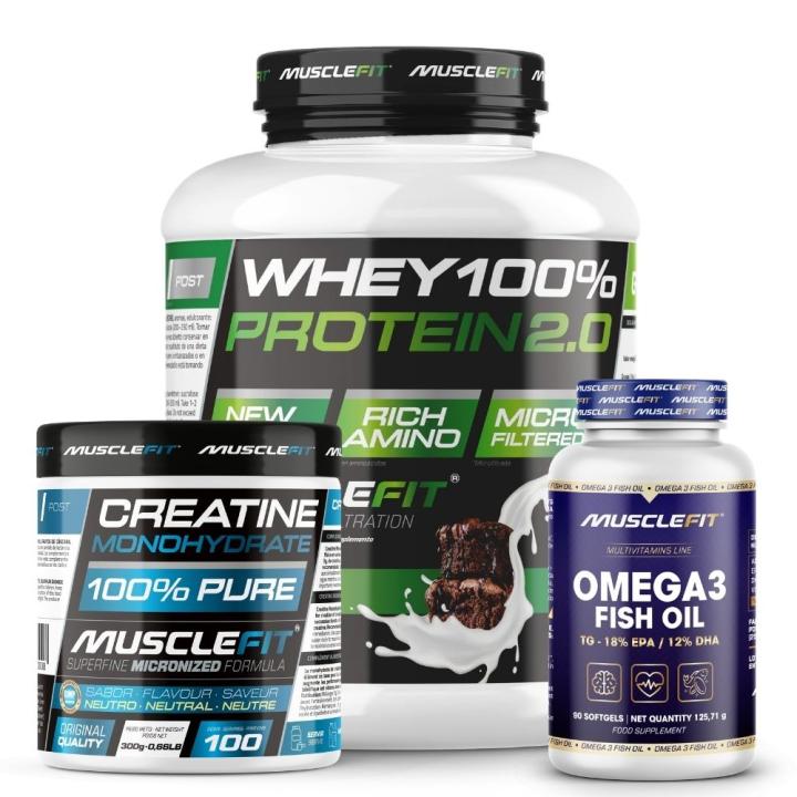 Pack Proteína WHEY 2kg + Creatina 300g + Omega 3 90cáps - Musclefit  Avance Muscular│Mas musculos│Vitaminas