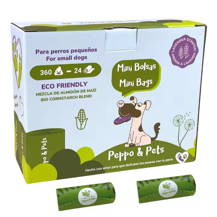 Peppo and Pets- 360 MINI Bolsas para caca PERRO TAMAÑO PEQUEÑO -(24 rollos) - Mezcla de almidón de maíz- Muy resistentes - Olor a lavanda- Opacas- A prueba de fugas - 1