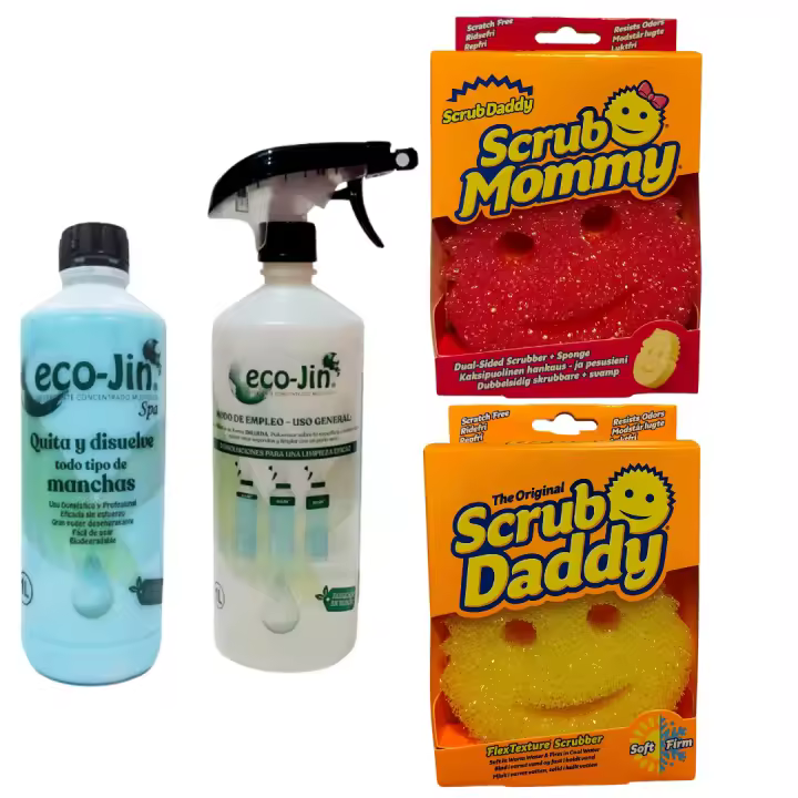 ECOJIN SPA AZUL DE LABONCLER + DIFUSOR + estropajo Scrub Daddy o Mommy blando en agua caliente y rígido en agua fria. Los productos más virales de TikTok juntos en un pack. POCAS UNIDADES. QUITAGRASAS, QUITAMANCHAS. LIMPIA CON ECOJIN Y ESTROPAJOS SCRUB - 1