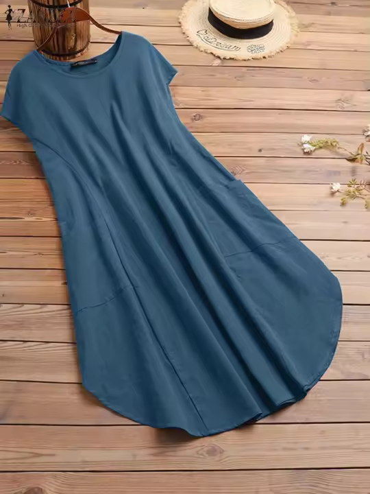 Vestido Casual De Verano Para Mujer ZANZEA Vintage Suelto Cuello Redondo Manga Corta Algodón A-Line Longitud De Rodilla Vestidos De Playa - 1