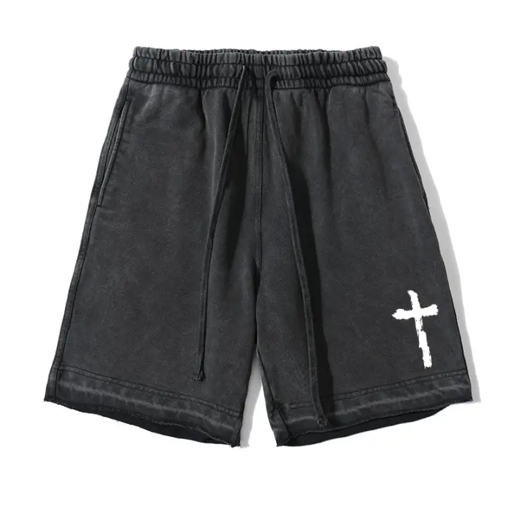 Shorts De Algodón Vintage Lavados Con Impresión Cruzada Para Hombres Shorts Casuales Cristianos Con Bolsillos Y Cinturón Ajustable Para Gimnasio Y Ejercicio - 1