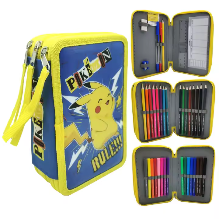Plumier Pokemon Triple Estuche Pikachu para Niños de 20cm, Relleno de Material Escolar 39 piezas, Regalo Cumpleaños, Navidad, Reyes - 1