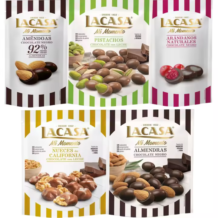 Lacasa Mi Momento pack de 5:Arándano Chocolate Negro ,Almendra 92% ,Nueces Chocolate Leche ,Almendra Chocolate Negro ,Pistacho Chocolate Leche - 1