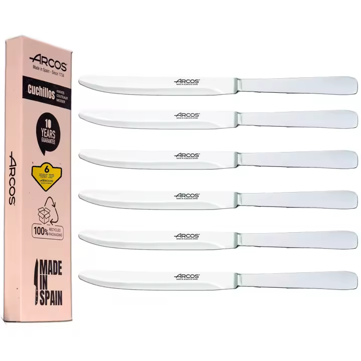 Arcos cuchillos de mesa cuchillo mesa cubierto cuchillo carne y pescado  FILO LISO  6 Piezas cuchillo chuletero  mango monoblock  Acero Inoxidable  Envase Eco - 1