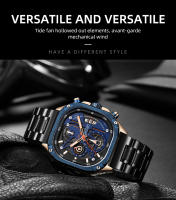 Reloj De Cuarzo Para Hombre MEGIR Negro Resistente Al Agua Con Cronógrafo Y Manos Luminosas Correa De Acero Inoxidable Dial Cuadrado - details 6