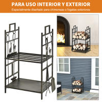 Outsunny Soporte para Leña de Metal de 2 Niveles Estante para Leña con 4 Herramientas y Asas para Chimenea para Interior y Exterior 51,5x33x77 cm Negro Dorado - details 5