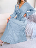 Vestido Largo Elegante Para Mujer Con Cuello En V Manga Larga Pleated Maxi Con Cinturón Estilo Casual De Pierna Larga - details 57