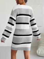 Vestido De Punto Con Bloque De Colores Y Rayas Contrasting Cuello Redondo Regular Largo De Rodilla Estilo Casual Para Mujer - details 1