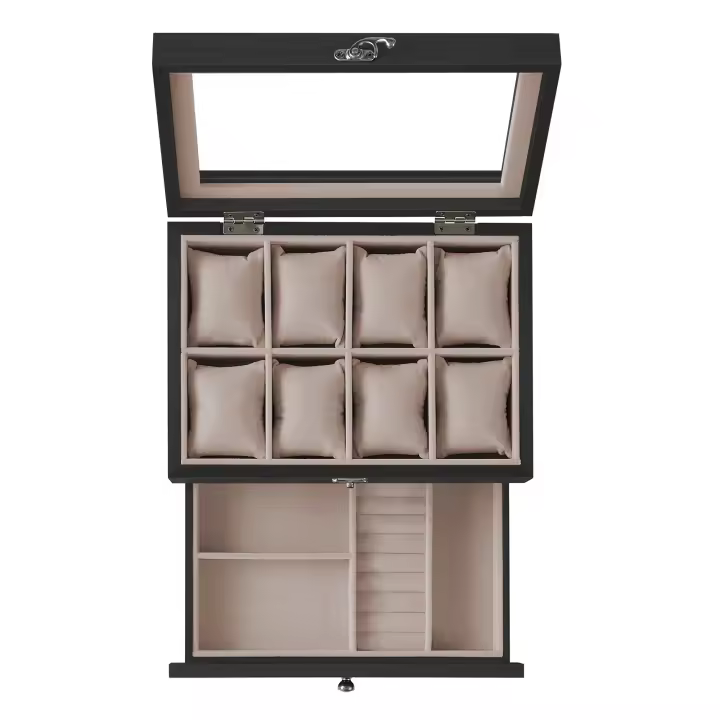 SONGMICS Caja de Relojes con 8 Ranuras, Estuche de Relojes de Madera de 2 Niveles con Tapa de Cristal, Almohadillas, Forro de Terciopelo, Regalo de Seres Queridos, Negro Ébano/Nogal Rústico - 1