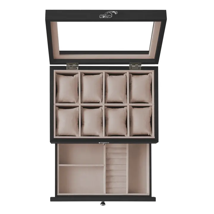 SONGMICS Caja de Relojes con 8 Ranuras, Estuche de Relojes de Madera de 2 Niveles con Tapa de Cristal, Almohadillas, Forro de Terciopelo, Regalo de Seres Queridos, Negro Ébano/Nogal Rústico - 1